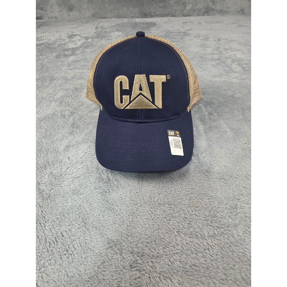 NWT Caterpillar CAT Trucker Hat Navy Blue Tan Mesh Back Snapback Adult Cap